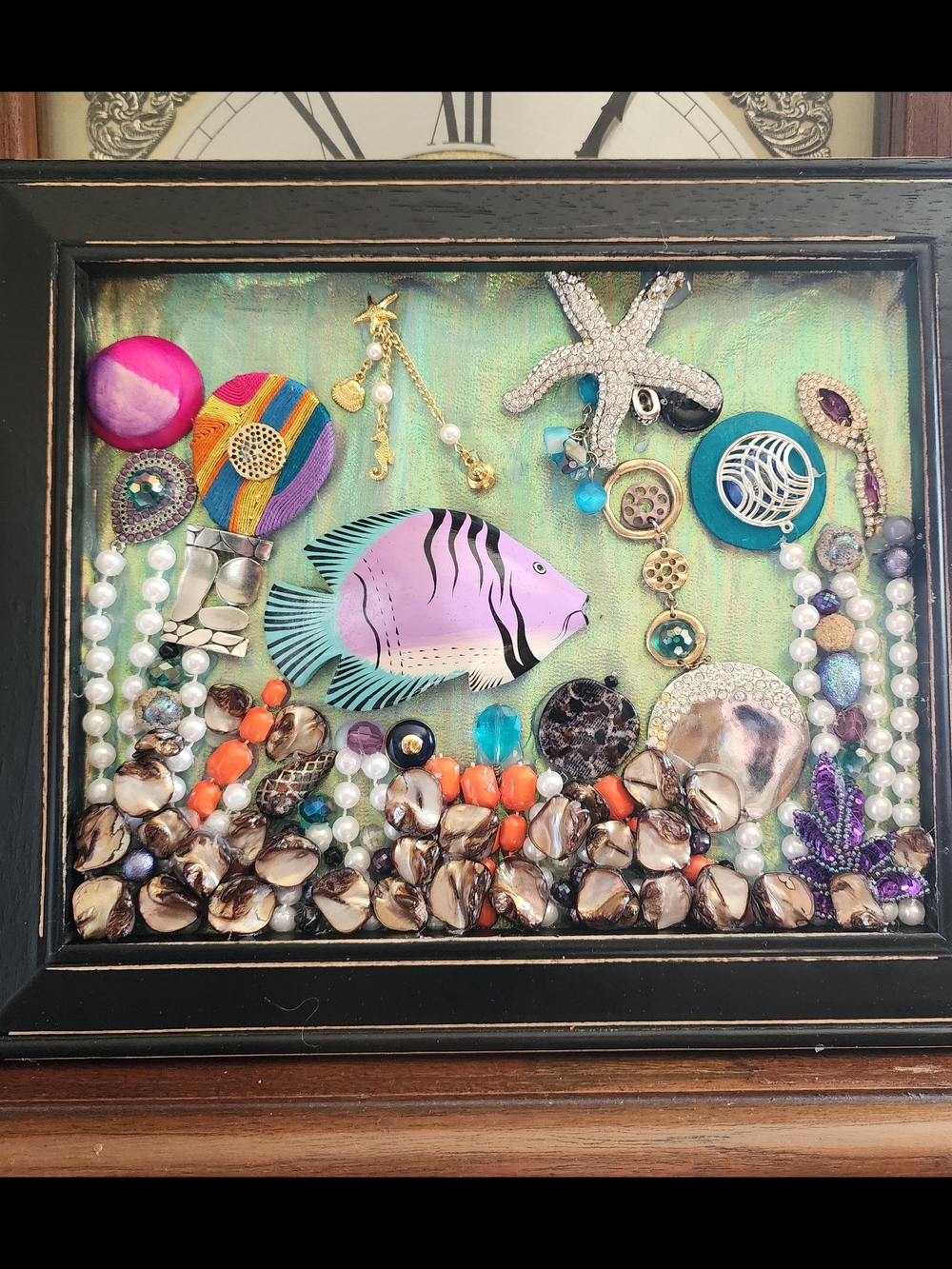 Framed Jewelry Art Collage - Handmade Coastal Fish Underwater Scene OOAK